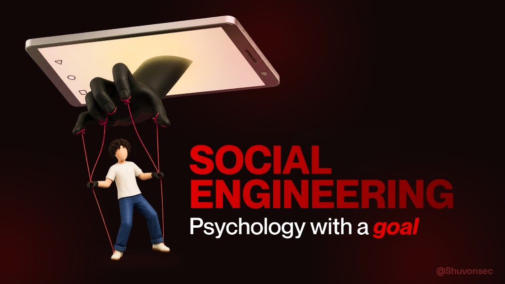 Social engineering: psychology with a goal. A hand emerging from a phone screen works a person like a marionette.